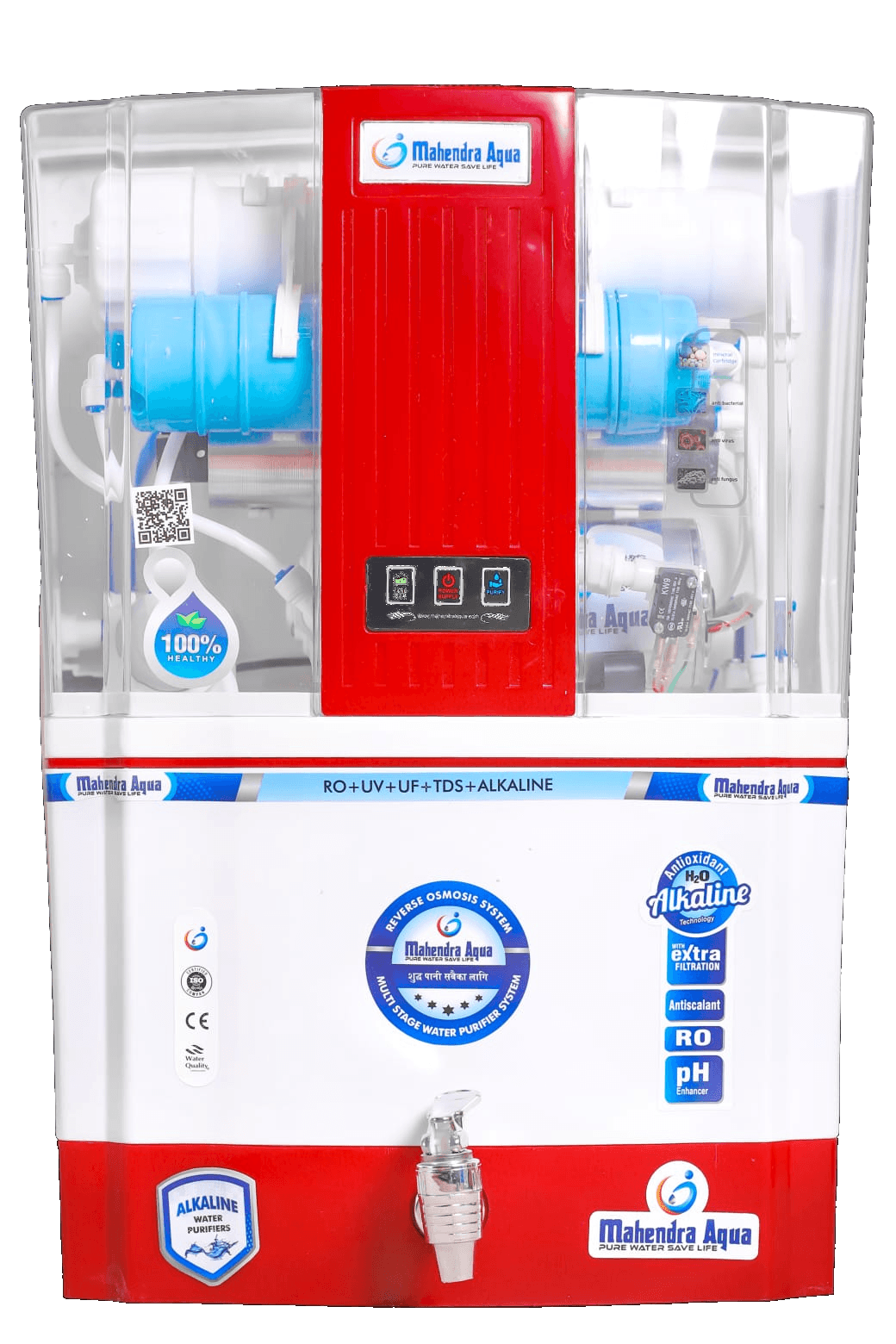 Mahendra Aqua Premium home water purifier — red and white RO+UV+UF+alkaline system